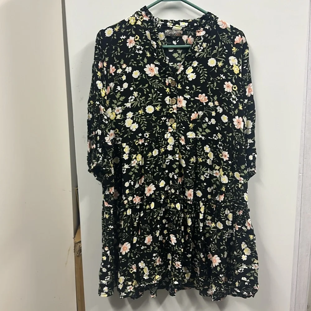 J Gee Black Floral Babydoll 3 Quarter Sleeve Half Button Up Dress Womens Small - Picture 4 of 7